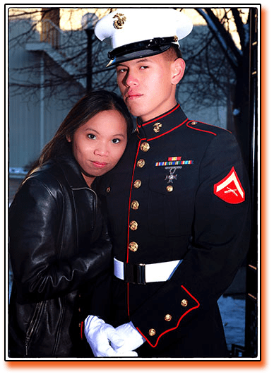 woman posing with man in marinecorps blues