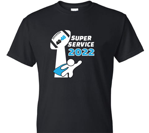 blue and white super service logo on black tshirt