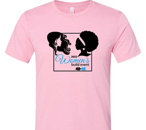 pink tshirt with black and blue womens build logo
