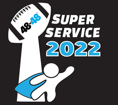 blue and white super service logo on a black background