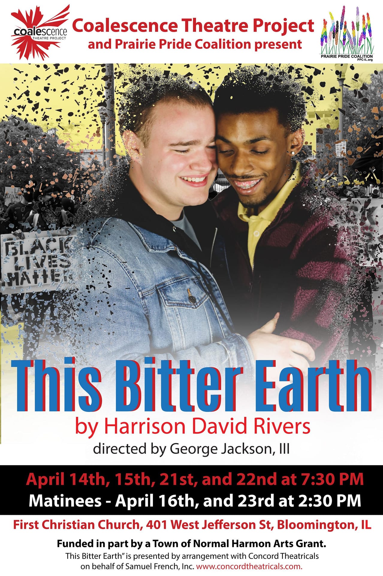 This Bitter Earth play advertisement featuring a black and white male gay couple. One of the guys is an activist for the Black Lives Matter Movement.